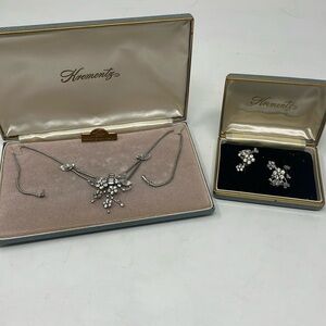 KREMENTZ Vintage Gold Overlay Rhinestone Necklace & Matching Earrings Set Box